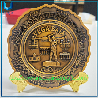 Placa conmemorativa de metal 3D de alto relieve, placa decorativa de recuerdo de turismo de ciudad personalizada con soporte dorado